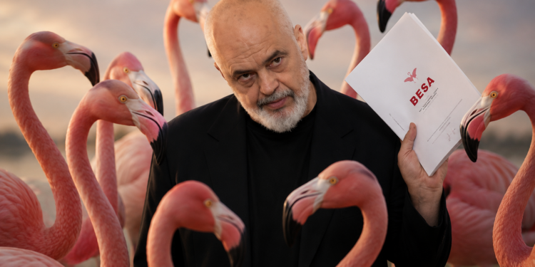 Gjuetari në habitatin e flamingove
